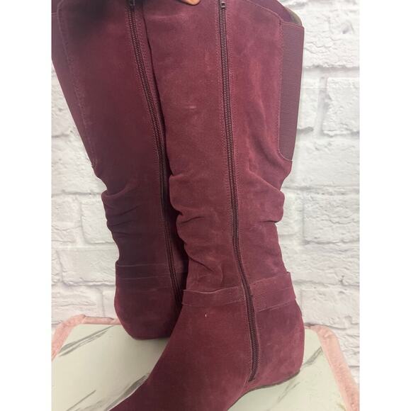 Pure Sole Burgundy Leather Suede Flat Women’s Boots - Picture 4 of 6